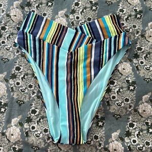 American Eagle Aerie High Cut Cheeky Crossover Bikini Bottoms Medium NWOT Stripe